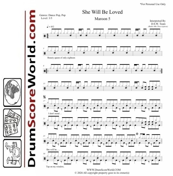 Maroon 5 - She Will Be Loved - Drum Sheet